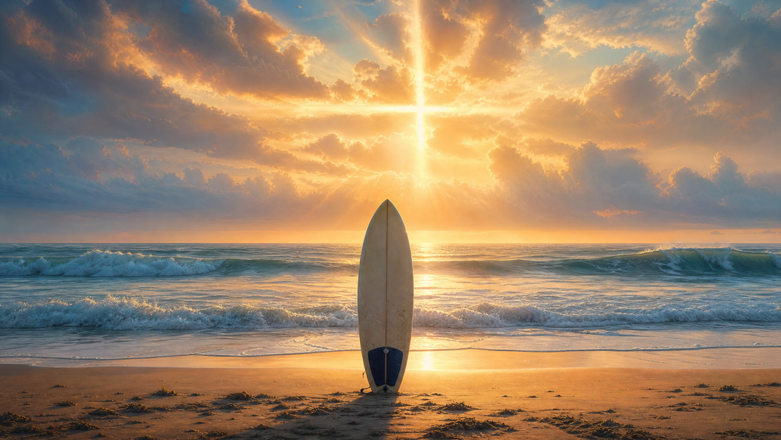 Editorial artwork for Bethany Hamilton's story of grit and faith — a surfboard at sunrise beneath a cross-shaped pattern of light over the ocean
