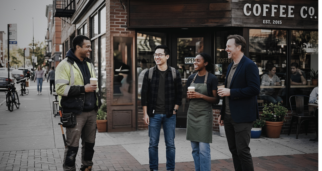 People standing outside a coffee shop, holding drinks and engaged in conversation.