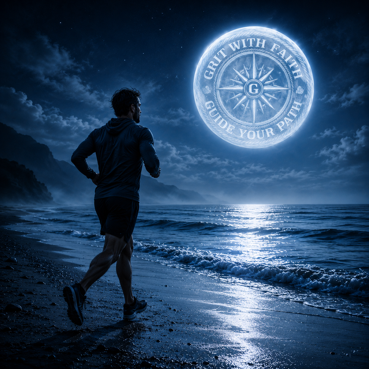 Person running on a beach at night with a glowing compass symbol and text 'Grit with Faith Guide Your Path' in the sky.