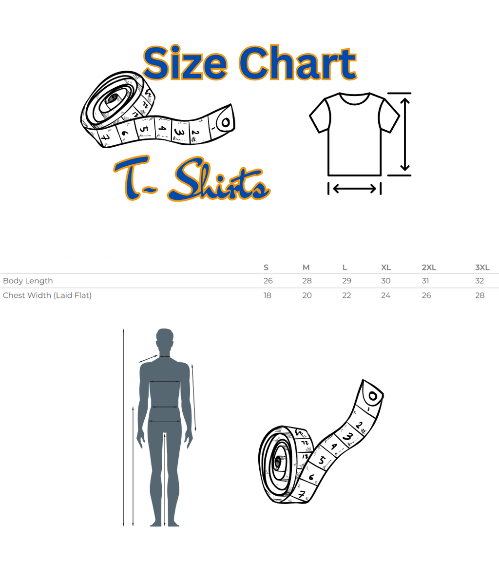 T-shirt size chart with measurements and illustrations on a white background