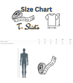T-shirt size chart with measurements and illustrations on a white background