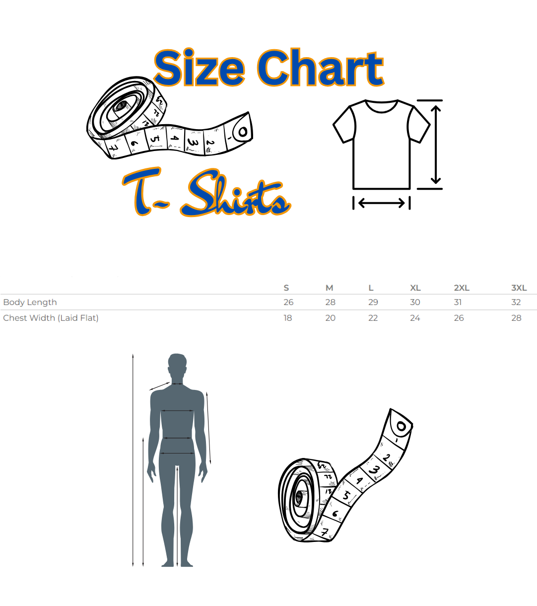 T-shirt size chart with measurements and illustrations on a white background