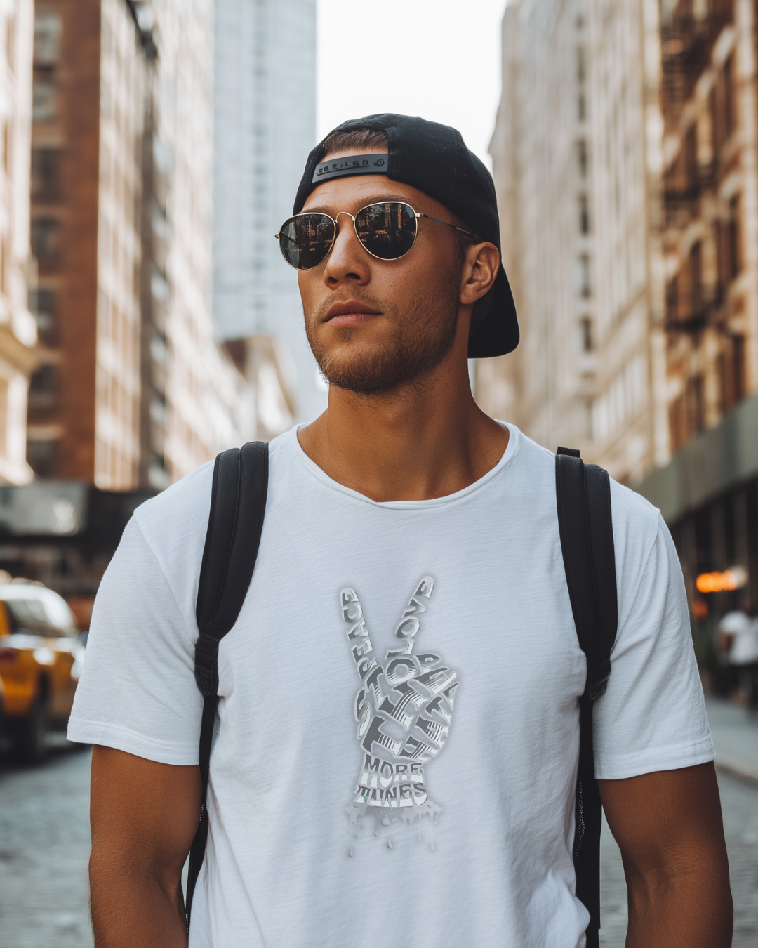 Man wearing a white t-shirt with a logo, black cap, and sunglasses in an urban setting.