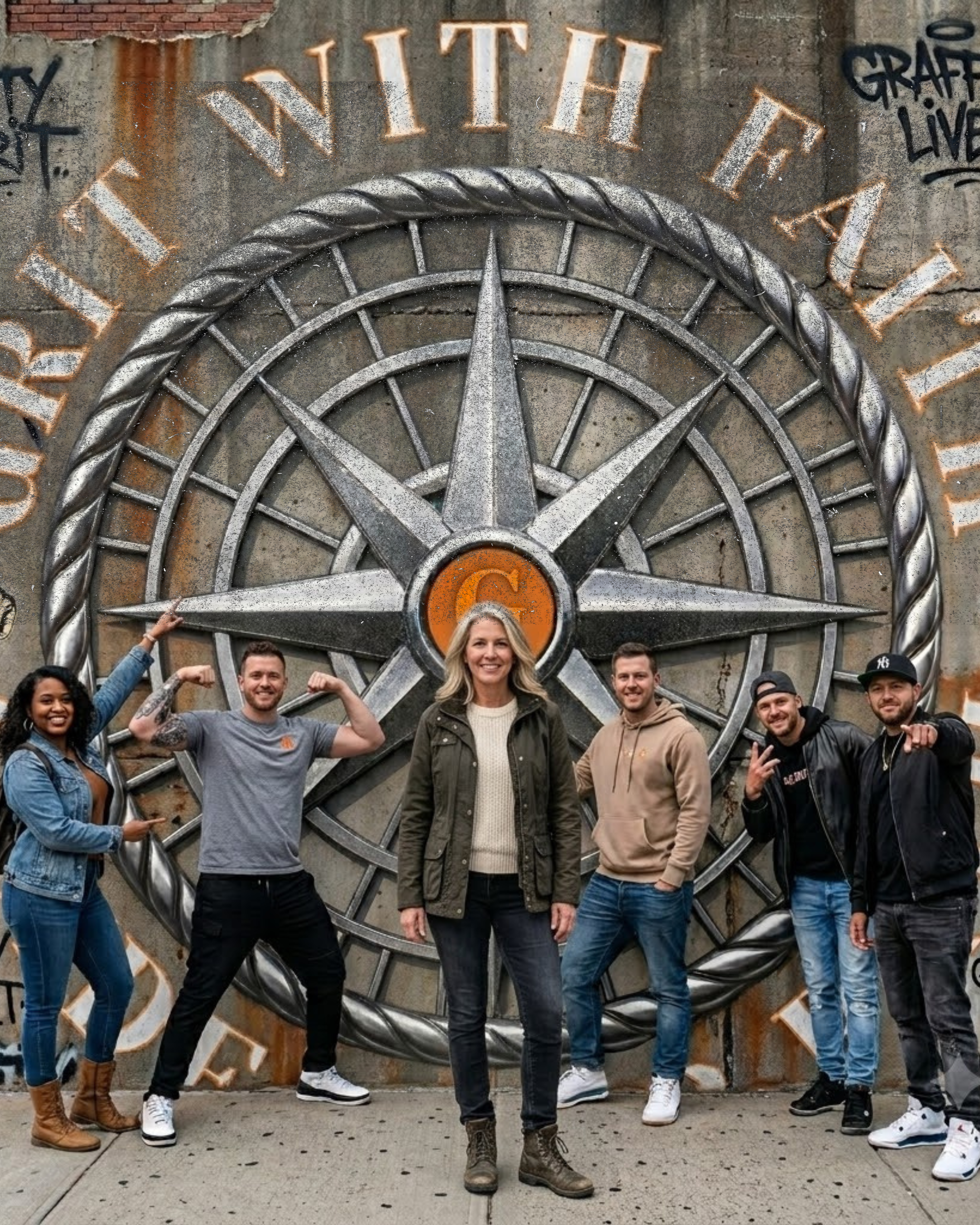 Group of people posing in front of a large metal star sculpture with graffiti on a wall.