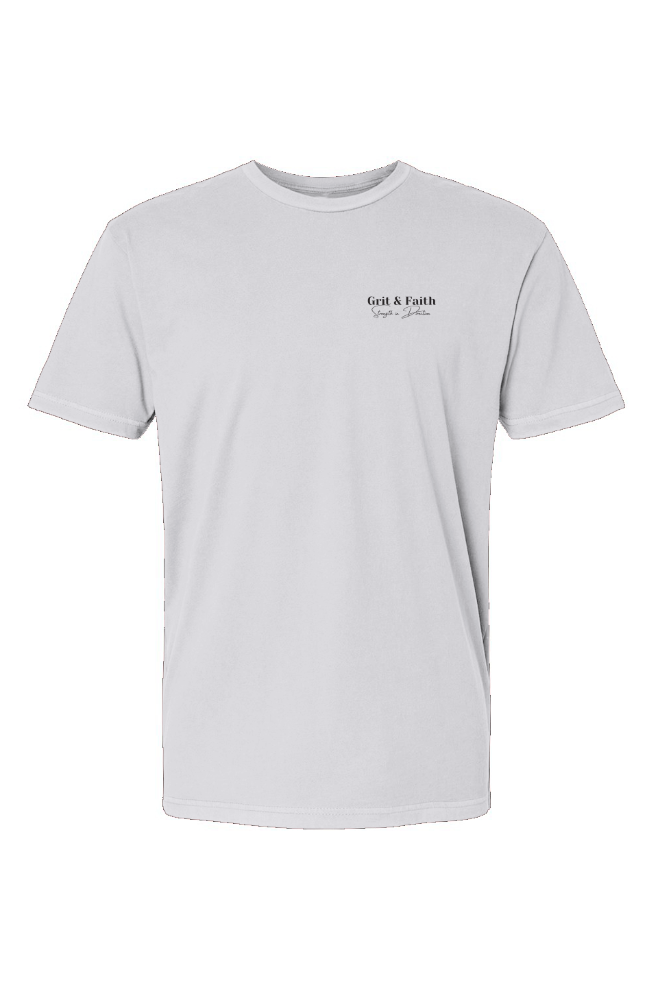 Light gray t-shirt with a small black logo on a white background