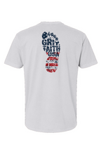 White t-shirt with 'Gritty Faith USA' graphic on the back against a white background