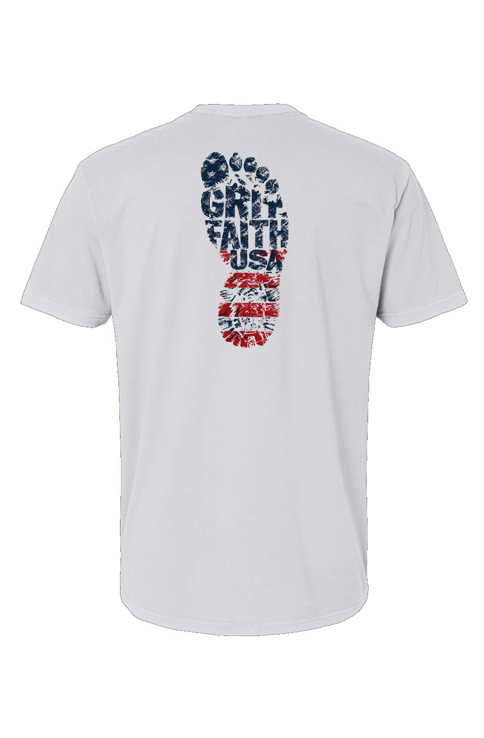 White t-shirt with 'Gritty Faith USA' graphic on the back against a white background