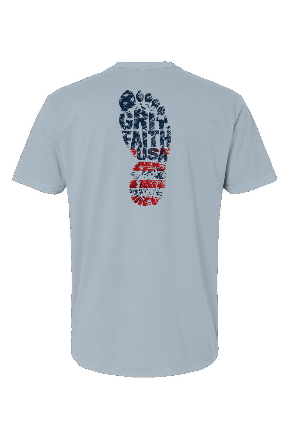 Light blue t-shirt with 'Grit Faith USA' graphic on the back against a white background