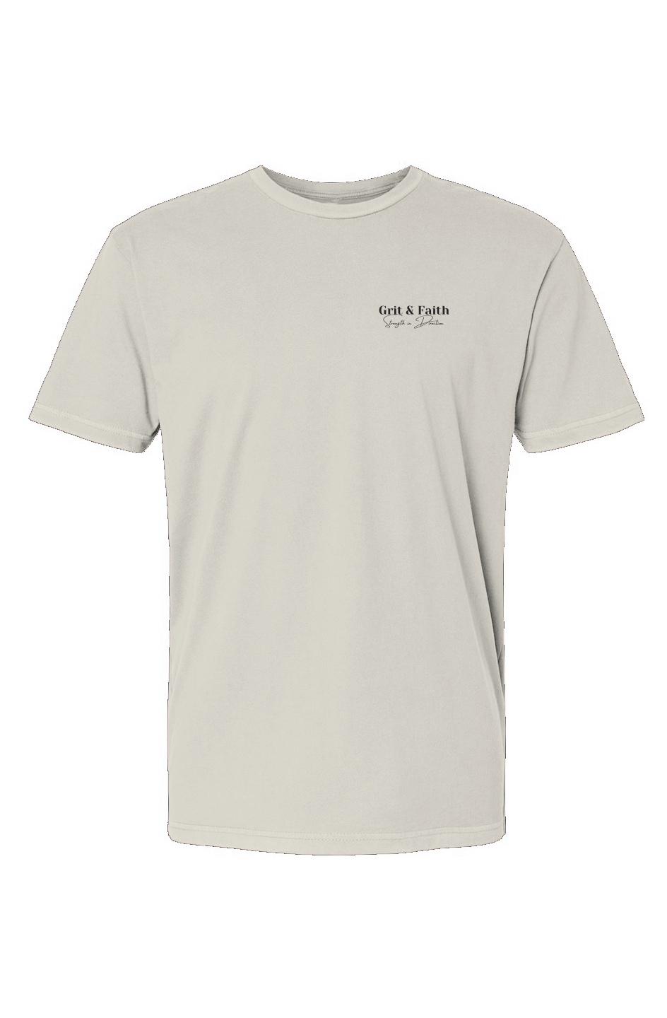 Light gray t-shirt with a small black logo on a white background