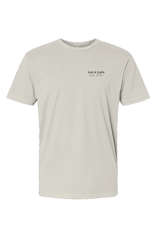 Light gray t-shirt with a small black logo on a white background