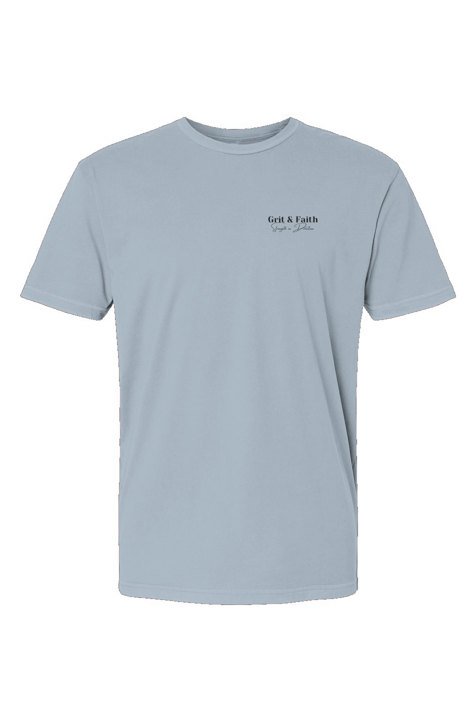 Light blue t-shirt with a small logo on a white background