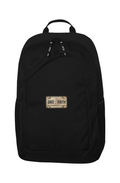 Black backpack with a visible brand logo on a white background