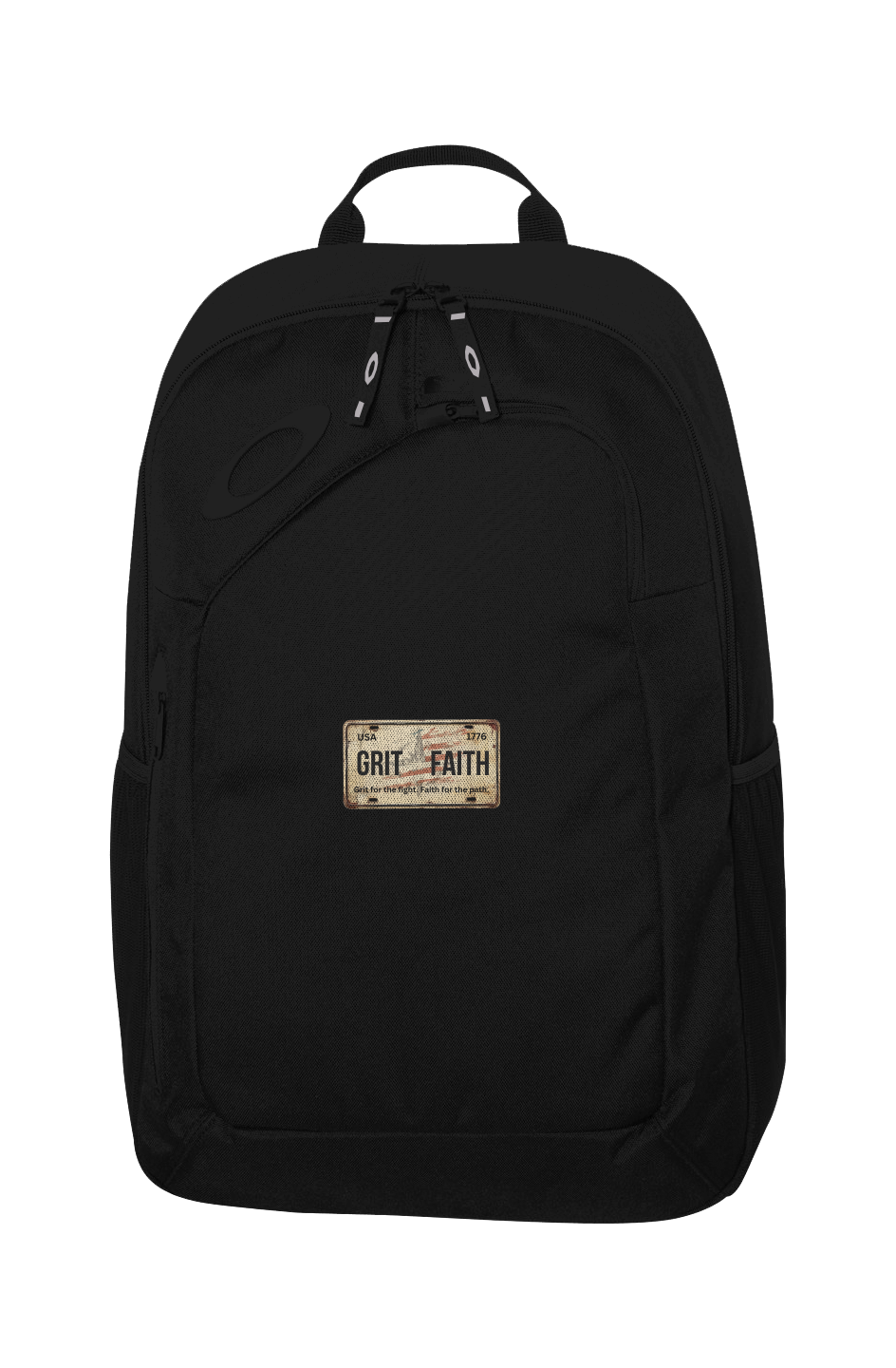 Black backpack with a visible brand logo on a white background