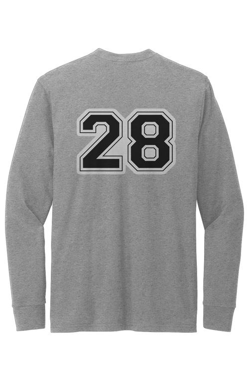 Gray long-sleeve shirt with black number 28 on the back against a white background
