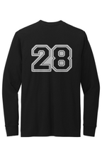 Black long-sleeve shirt with the number 28 on a white background