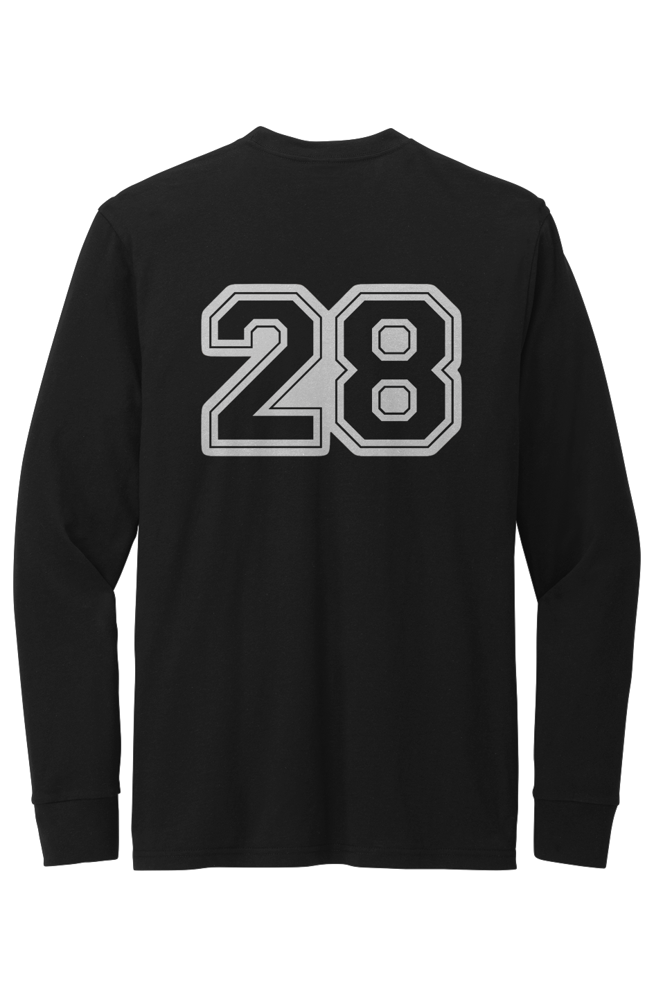 Black long-sleeve shirt with the number 28 on a white background
