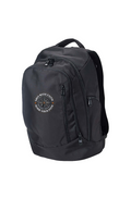 Black backpack with a cloud logo on a white background