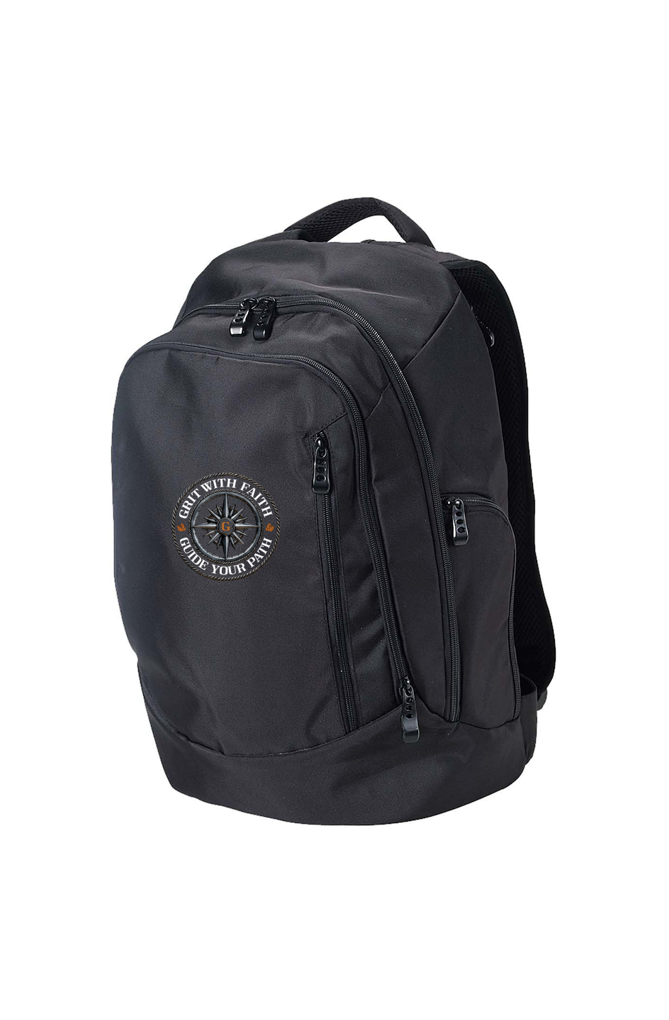 Black backpack with a cloud logo on a white background