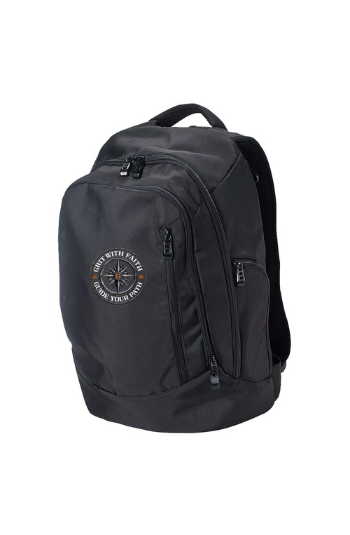 Black backpack with a cloud logo on a white background