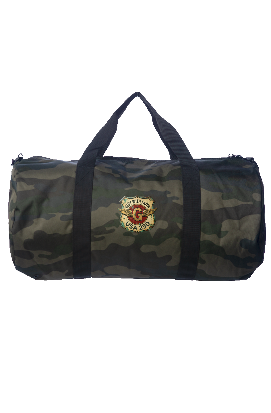 Camouflage duffel bag with a logo on a white background