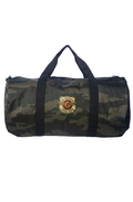 Camouflage duffel bag with a logo on a white background