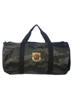 Camouflage duffel bag with a logo on a white background