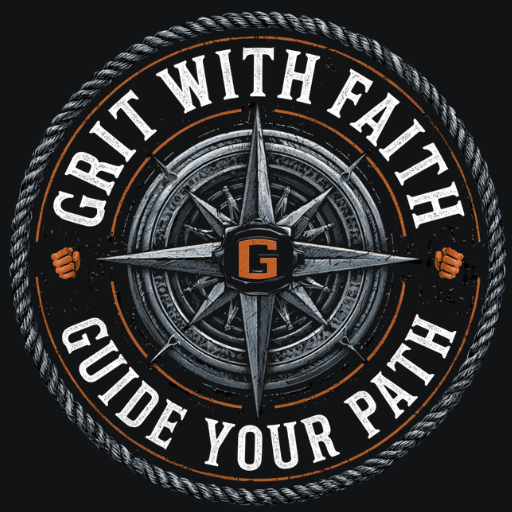 Circular design with compass rose and 'Grit with Faith Guide Your Path' text on a black background.