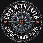 Circular design with compass rose and 'Grit with Faith Guide Your Path' text on a black background.