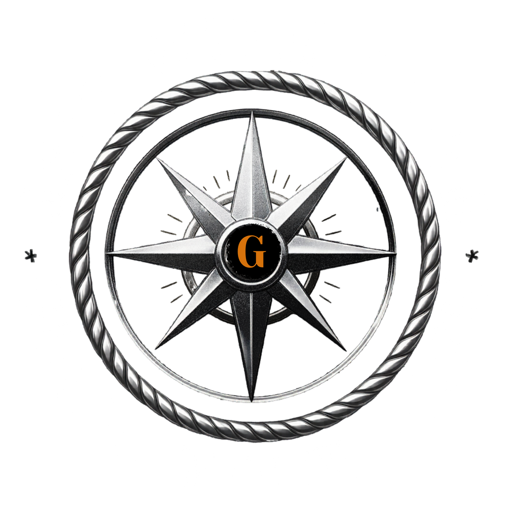 Decorative compass rose with a central 'G' on a white background