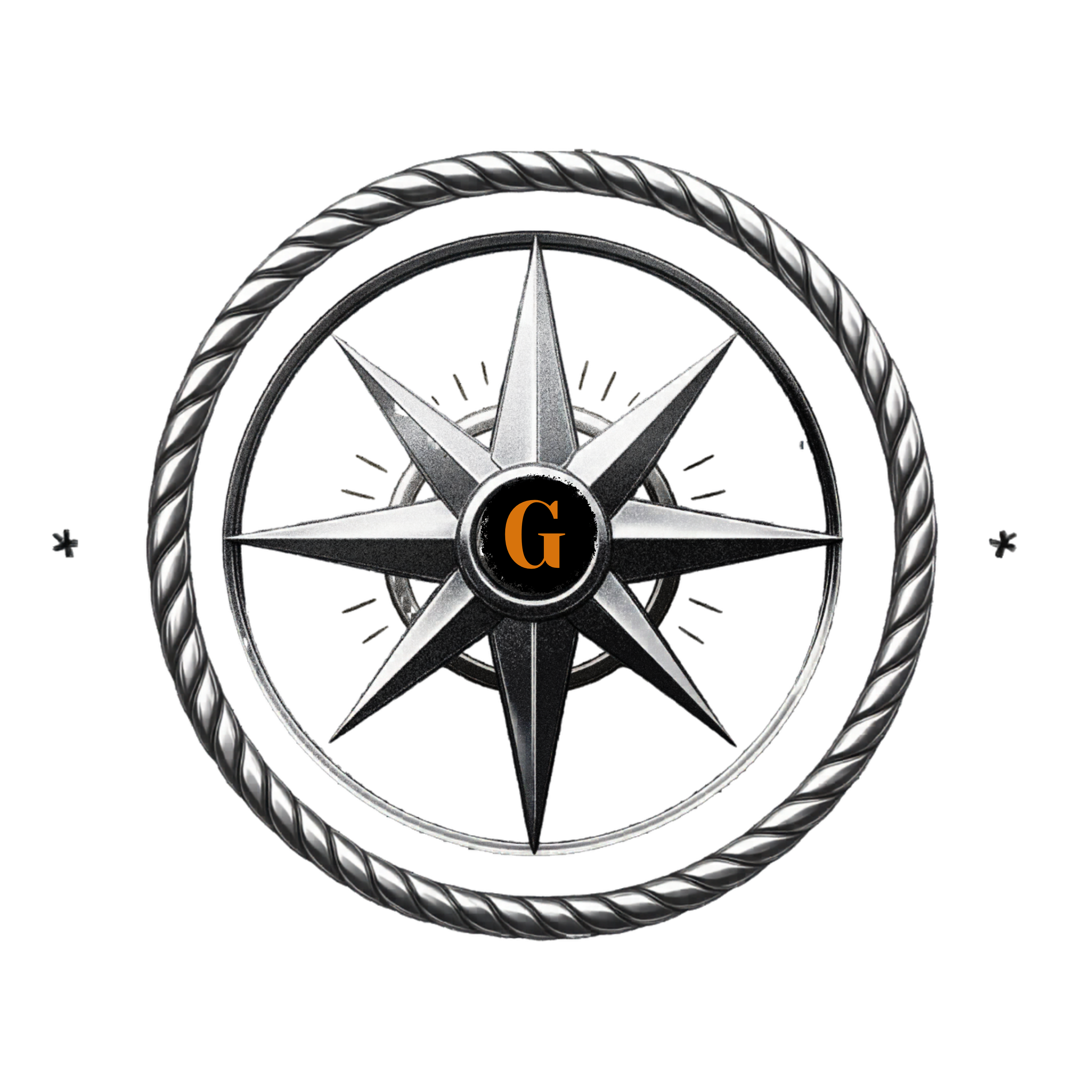 Decorative compass rose with a central 'G' on a white background
