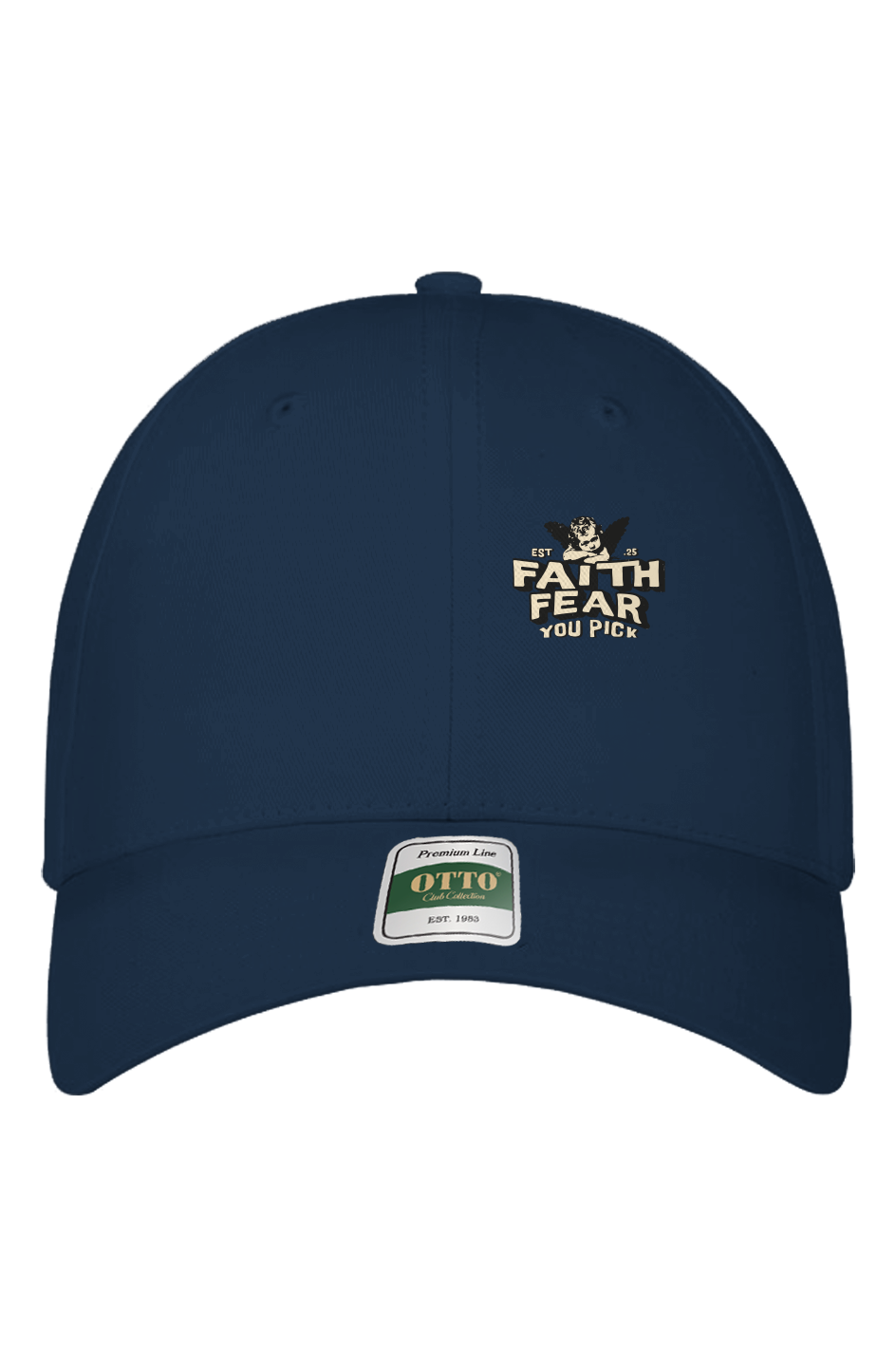 Navy blue cap with text and logo on a white background