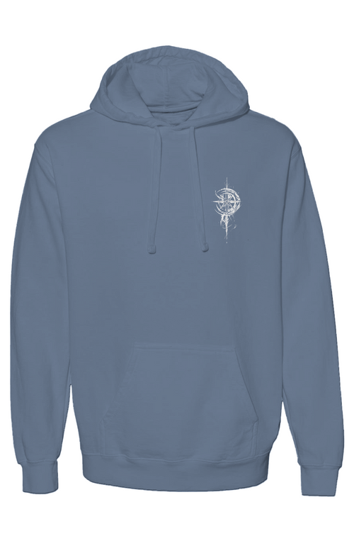 Grit With Faith garment-dyed hoodie in Blue Jean — heavyweight fleece pullover with jersey-lined hood
