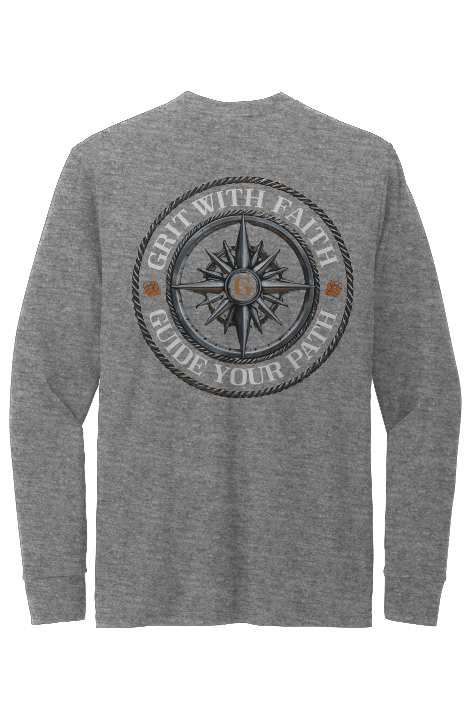 Gray long-sleeve shirt with compass design and text on the back