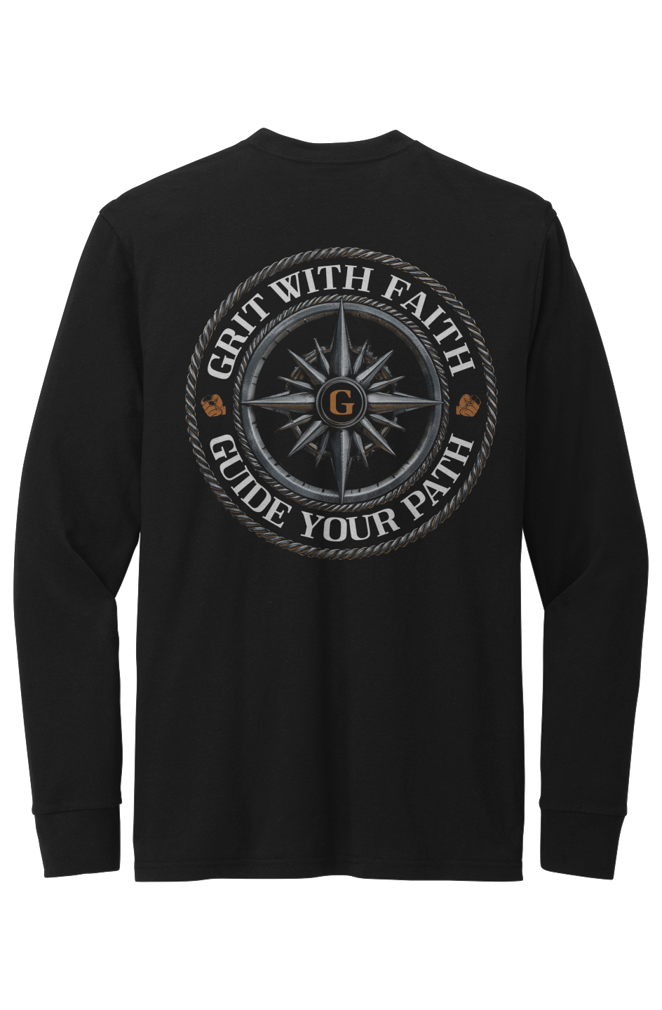 Black long-sleeve shirt with compass design and text on a white background