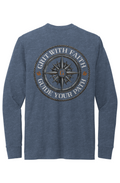Blue long-sleeve shirt with compass design and text on a white background