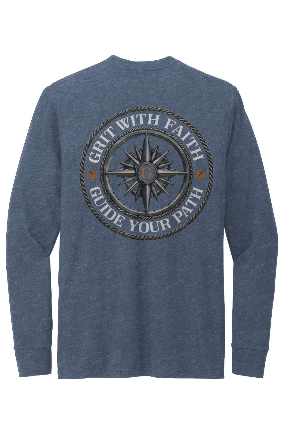 Blue long-sleeve shirt with compass design and text on a white background
