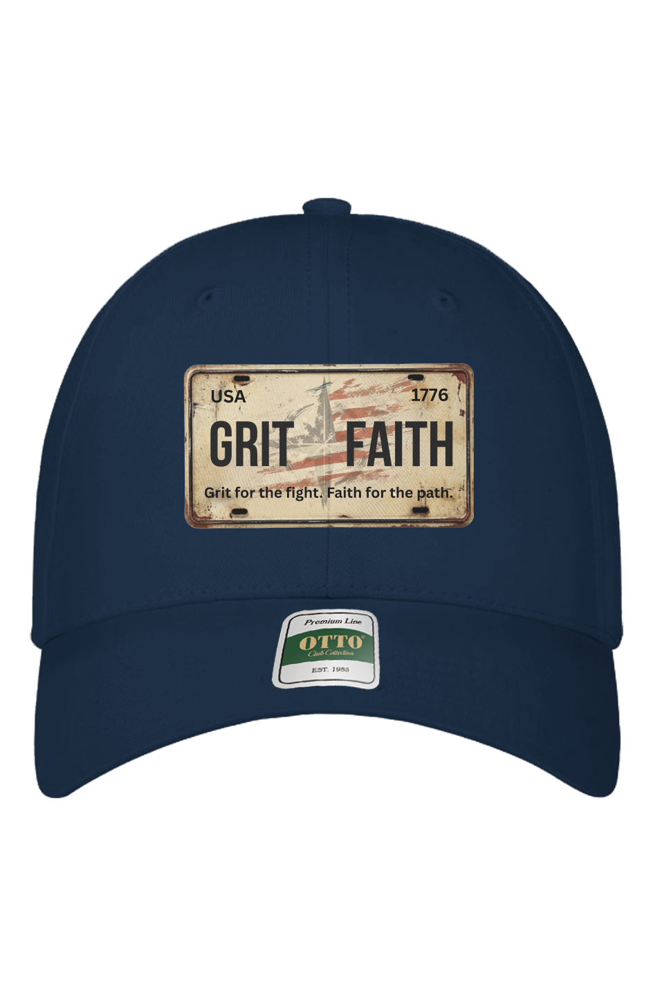 Navy blue cap with 'Grit Faith' license plate design on a white background