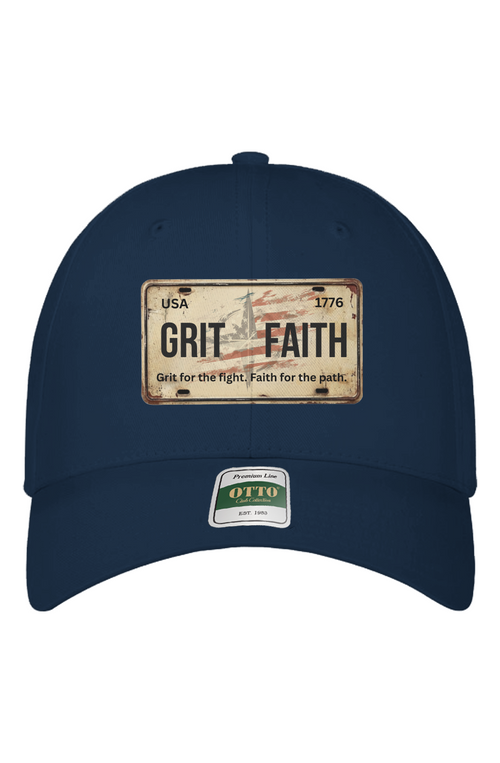 Navy blue cap with 'Grit Faith' license plate design on a white background