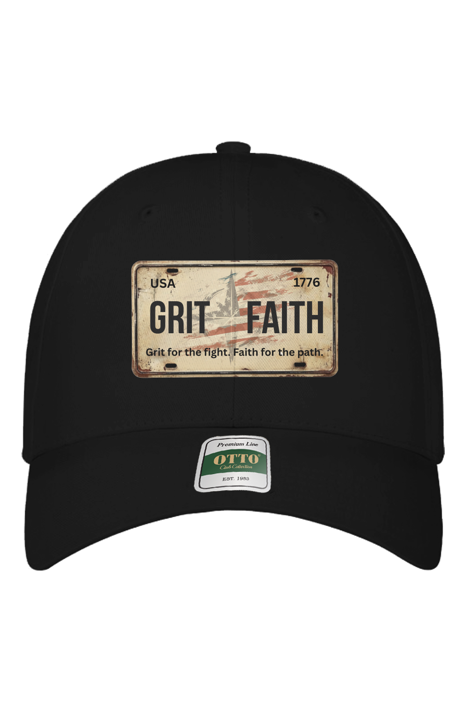 Black cap with 'Grit Faith' patch on a white background
