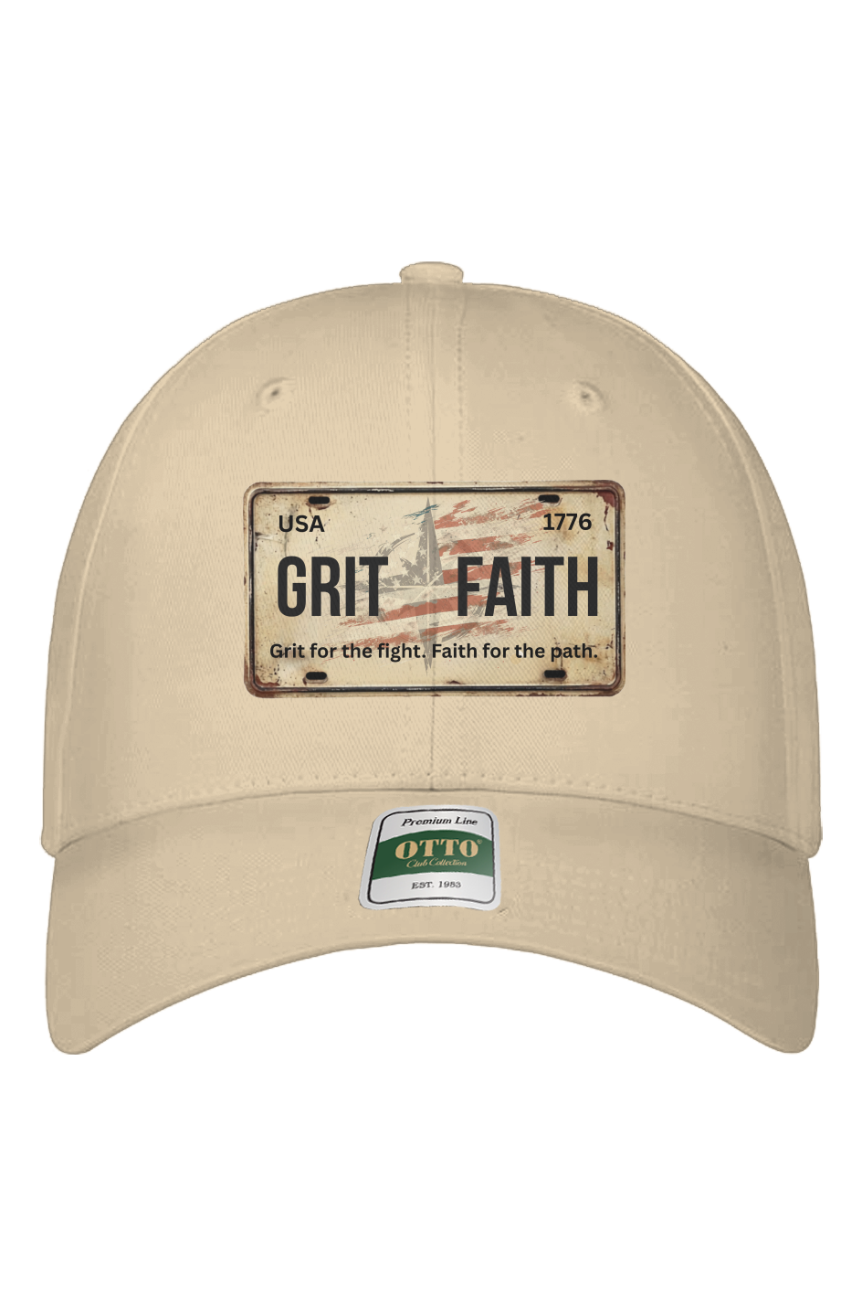 Beige cap with 'Grit Faith' license plate design on a white background