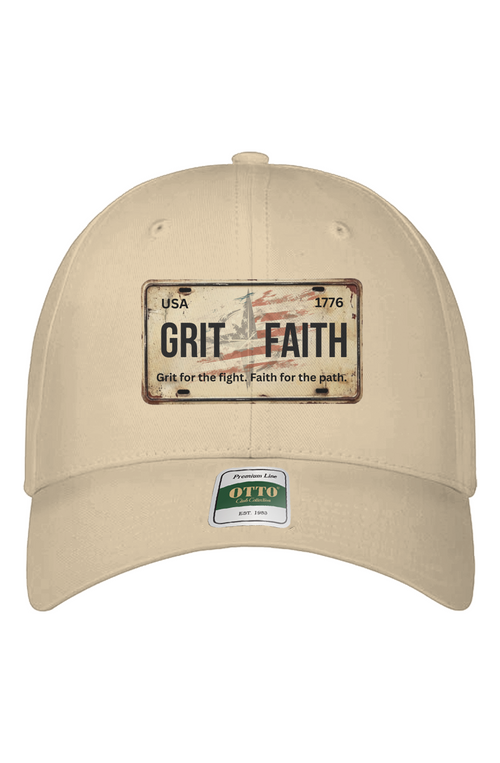 Beige cap with 'Grit Faith' license plate design on a white background