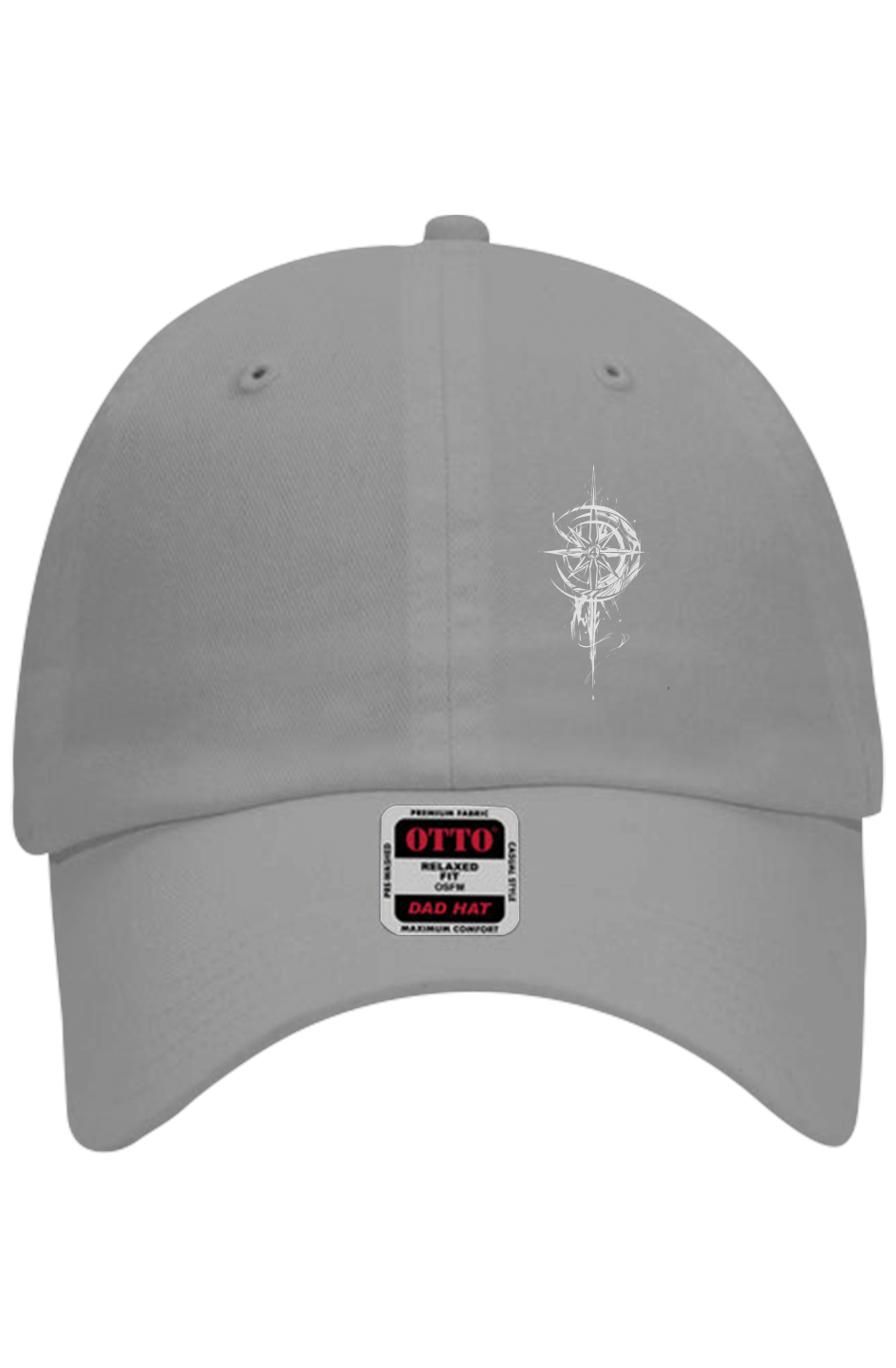 Grit With Faith low profile dad hat in Charcoal Gray with embroidered compass logo — washed cotton six-panel cap with adjustable buckle closure