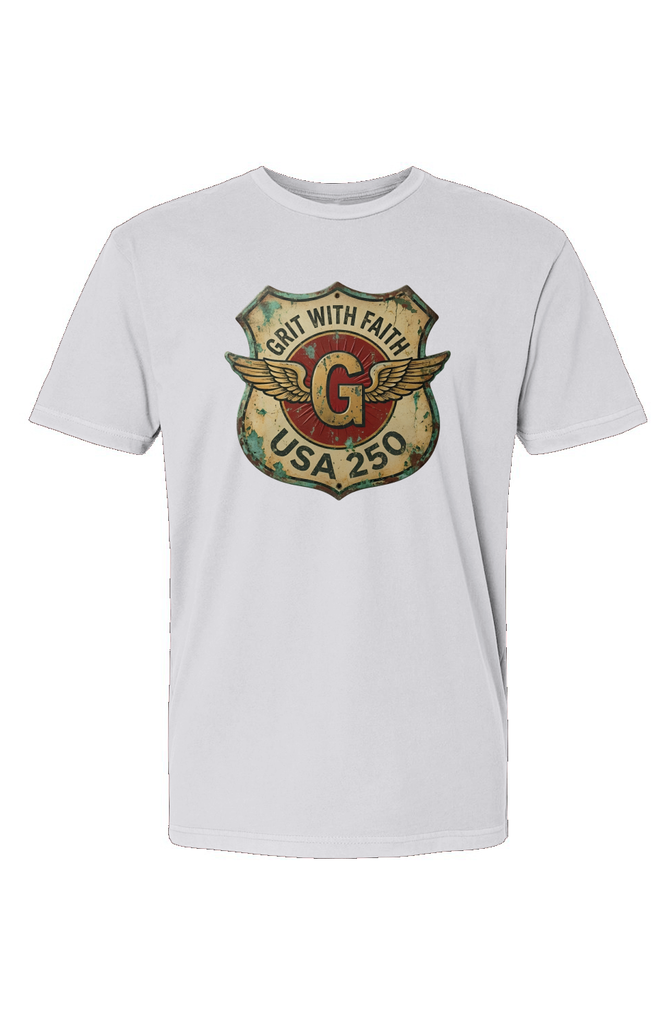 Grit With Faith USA 250 patriotic Christian graphic t-shirt with vintage winged G badge design