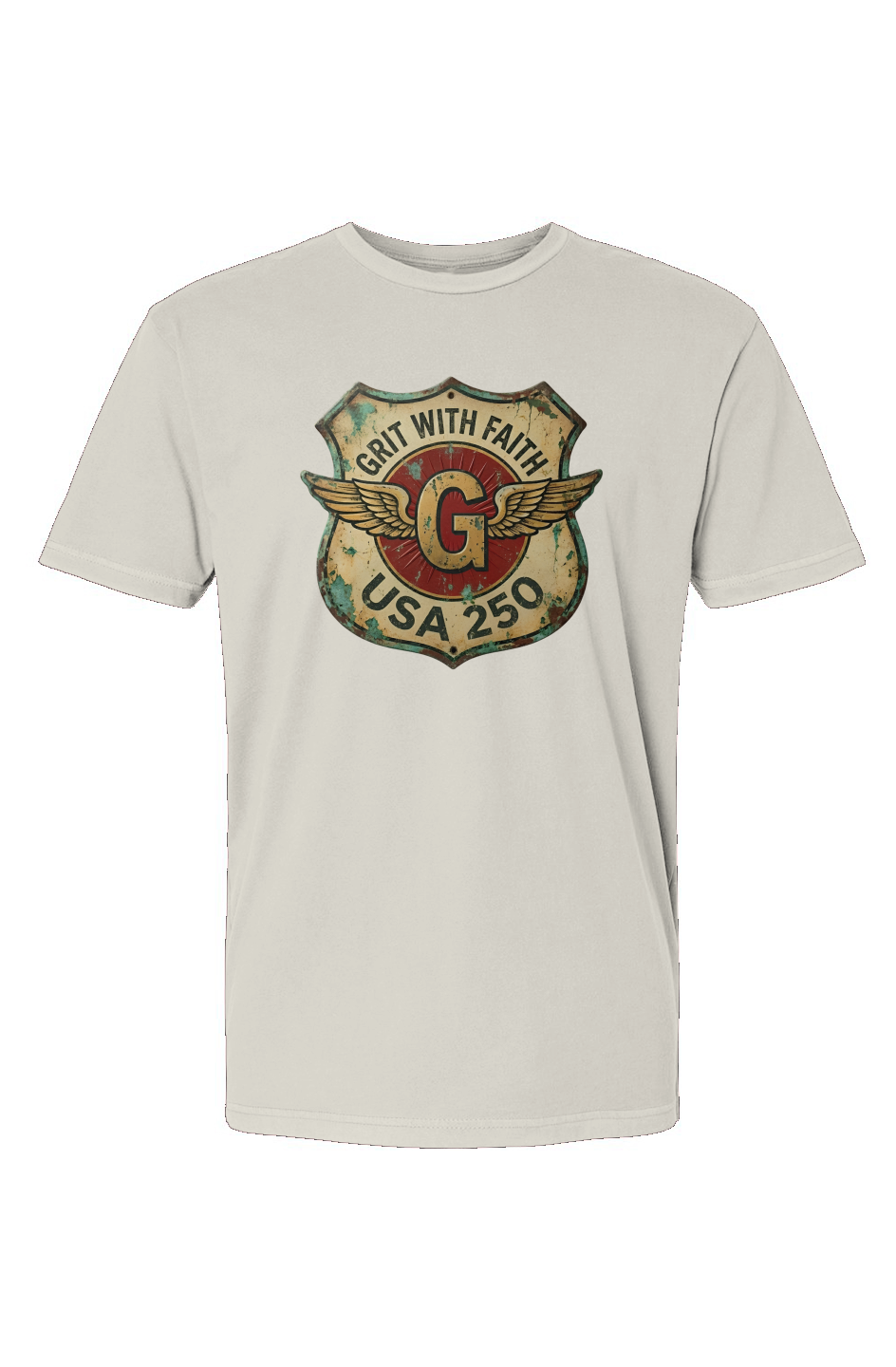 Grit With Faith USA 250 patriotic Christian graphic t-shirt with vintage winged G badge design