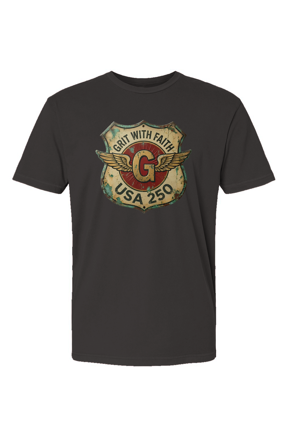Grit With Faith USA 250 patriotic Christian graphic t-shirt with vintage winged G badge design