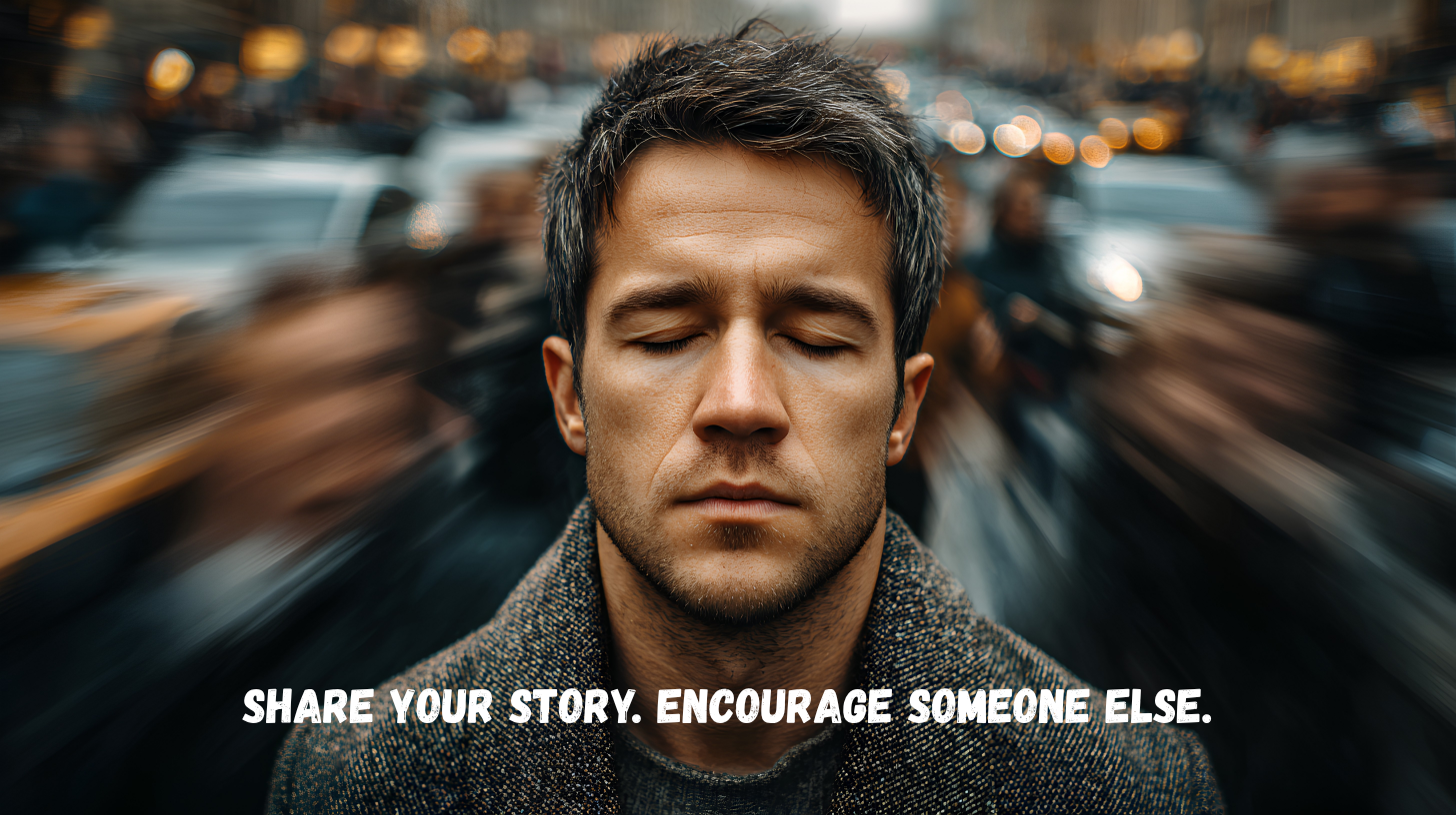 A man with eyes closed stands in a blurred city street, wearing a dark textured coat. White text at the bottom reads, 'SHARE YOUR STORY.