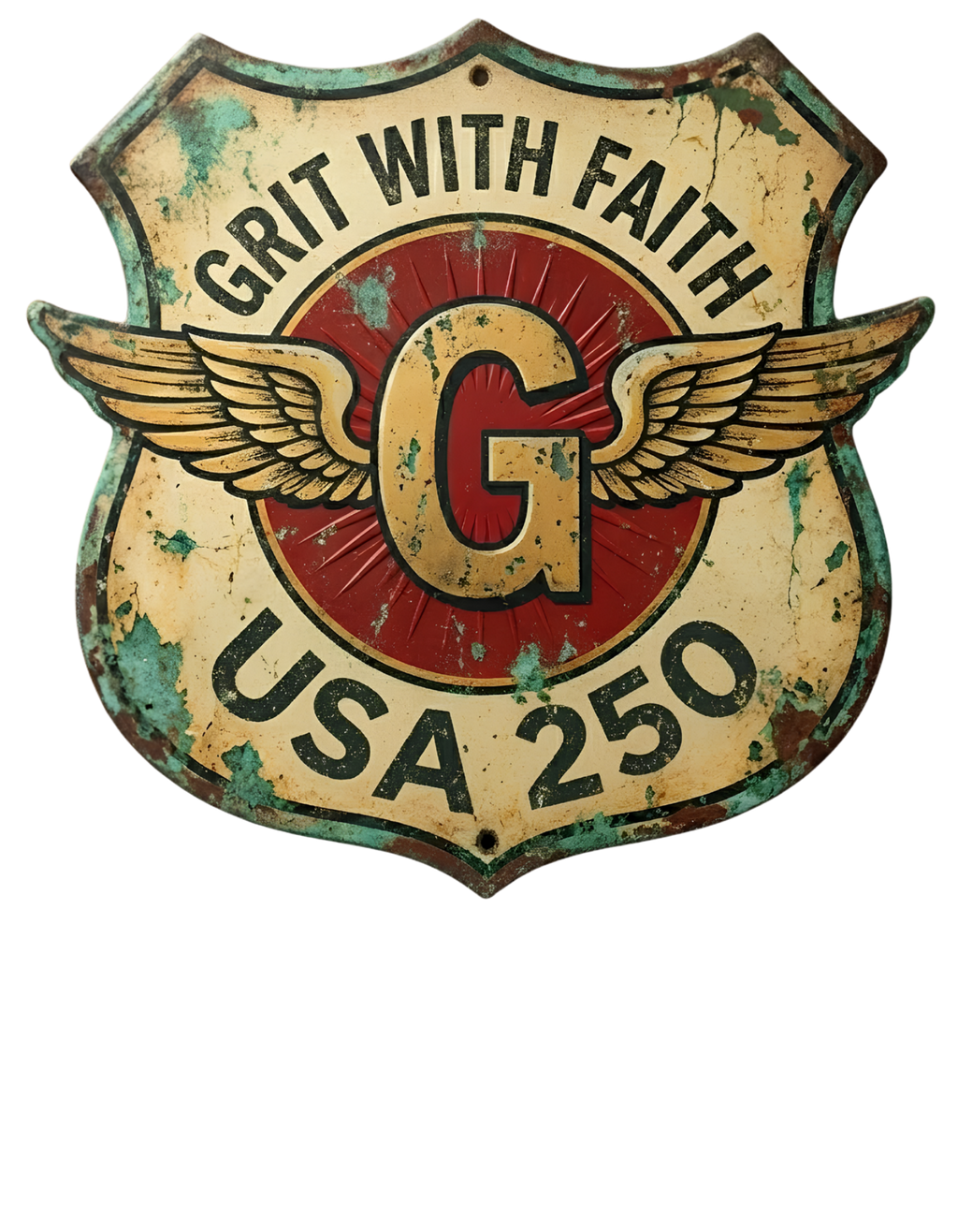 Grit With Faith USA 250 patriotic Christian graphic t-shirt with vintage winged G badge design