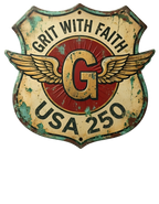 Grit With Faith USA 250 patriotic Christian graphic t-shirt with vintage winged G badge design