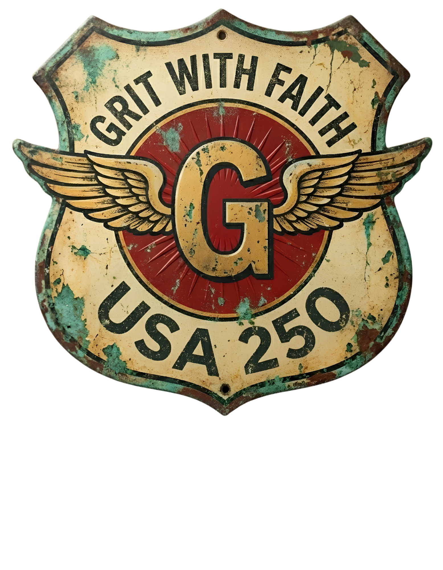 Grit With Faith USA 250 patriotic Christian graphic t-shirt with vintage winged G badge design