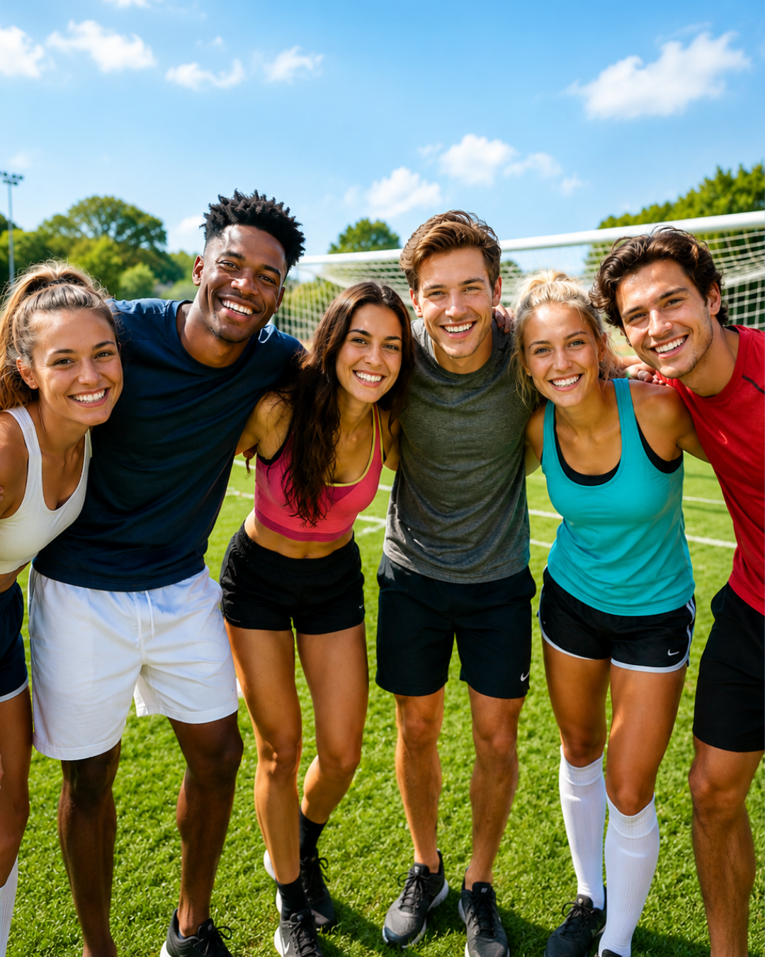 Group of six friends posing together on a soccer field with a clear blue sky.